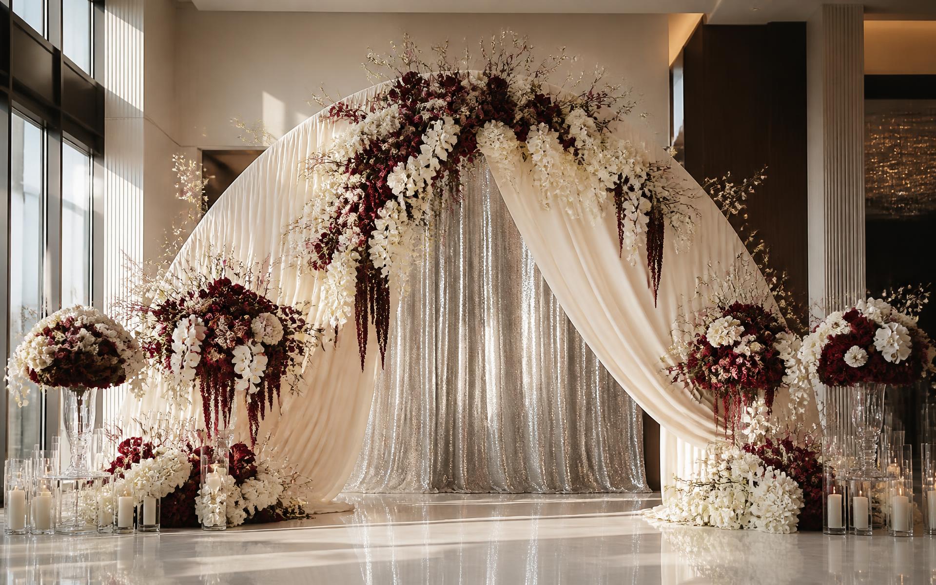 Custom draped arch backdrop installation at an upscale Tampa Bay wedding